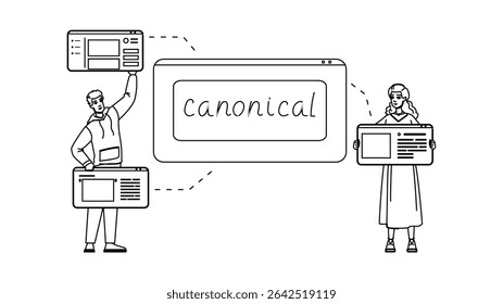 internal canonicalization vector. content hyperlink, external marketing, canonical reciprocal internal canonicalization character. people black line pencil drawing illustration