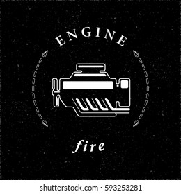 Internal Combustion Engine or Car Motor Logo Style Icon in Connection with Fire as One of Main Elements - White Elements on Black Grunge Background - Vector Contrast Graphic Style