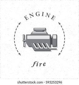 Internal Combustion Engine or Car Motor Logo Style Icon in Connection with Fire as One of Main Elements - Grey Elements on White Grunge Background - Flat Graphic Design