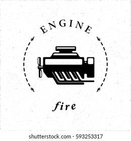 Internal Combustion Engine or Car Motor Logo Style Icon in Connection with Fire as One of Main Elements - Black Elements on White Grunge Background - Vector Contrast Graphic Style