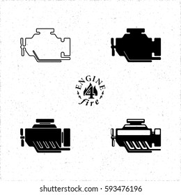 Internal Combustion Engine or Car Motor 4 Icons Set in Four Different Graphic Styles - Black Elements with Round Corners on White Grunge Background - Vector Signs Design