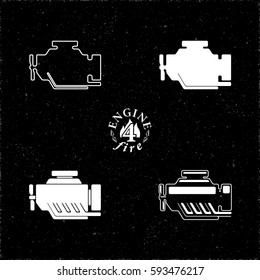 Internal Combustion Engine or Car Motor 4 Icons Set in Four Different Graphic Styles - White Elements with Round Corners on Black Grunge Background - Vector Signs Design