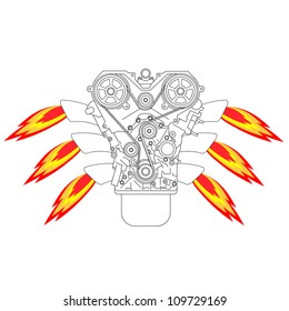 Internal combustion engine, with fire from the exhaust pipe. Vector illustration.