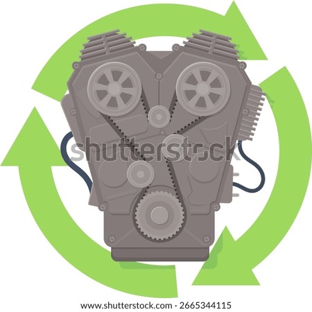Internal combustion engine with a green circular symbol of three recycling arrows in a flat design style (cut out)