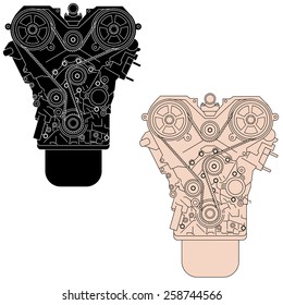 Internal combustion engine, as seen from in front. Vector illustration.