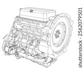 An internal combustion motor. The drawing engine of the machine in section, illustrating the inner structure - the cylinders, pistons, the spark plug. Isolated on white background.