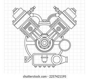 An internal combustion motor. In the drawing engine of the machine, the section illustrates the inner structure - the cylinders, pistons, the spark plug. 