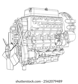 An internal combustion motor. The drawing engine of the machine in section, illustrating the inner structure - the cylinders, pistons, the spark plug. Isolated on white background.