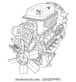 An internal combustion motor. The drawing engine of the machine in section, illustrating the inner structure - the cylinders, pistons, the spark plug. Isolated on white background.