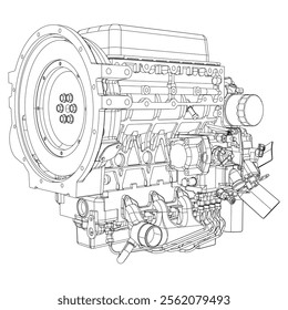 An internal combustion motor. The drawing engine of the machine in section, illustrating the inner structure - the cylinders, pistons, the spark plug. Isolated on white background.