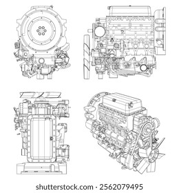 An internal combustion motor. The drawing engine of the machine in section, illustrating the inner structure - the cylinders, pistons, the spark plug. Isolated on white background.