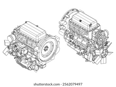 An internal combustion motor. The drawing engine of the machine in section, illustrating the inner structure - the cylinders, pistons, the spark plug. Isolated on white background.