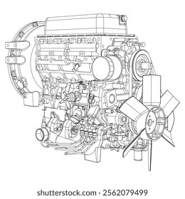 An internal combustion motor. The drawing engine of the machine in section, illustrating the inner structure - the cylinders, pistons, the spark plug. Isolated on white background.