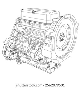 An internal combustion motor. The drawing engine of the machine in section, illustrating the inner structure - the cylinders, pistons, the spark plug. Isolated on white background.