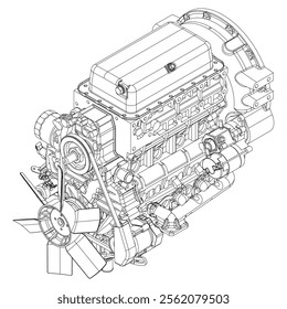 An internal combustion motor. The drawing engine of the machine in section, illustrating the inner structure - the cylinders, pistons, the spark plug. Isolated on white background.