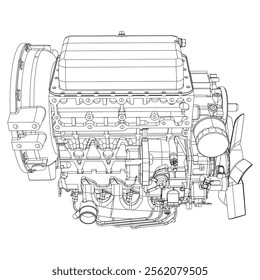 An internal combustion motor. The drawing engine of the machine in section, illustrating the inner structure - the cylinders, pistons, the spark plug. Isolated on white background.