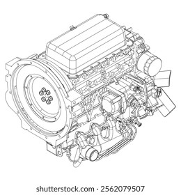 An internal combustion motor. The drawing engine of the machine in section, illustrating the inner structure - the cylinders, pistons, the spark plug. Isolated on white background.