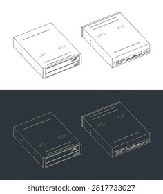 Internal computer CD DVD ROM drive isometric blueprints; stylized vector illustrations