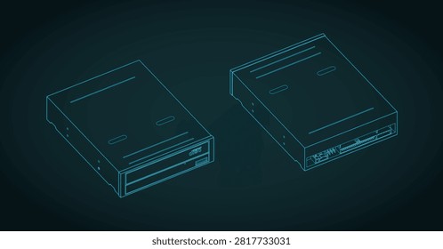 Internal computer CD DVD ROM drive isometric blueprints; stylized vector illustration