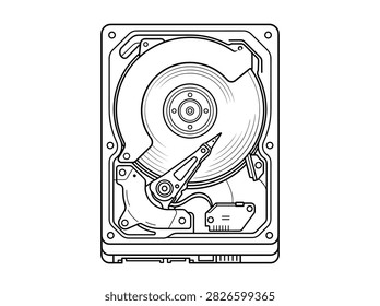 Internal computer hard disk drive line art illustration for tech data storage