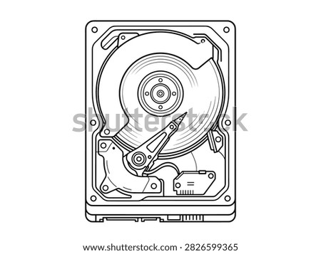 Internal computer hard disk drive line art illustration for tech data storage