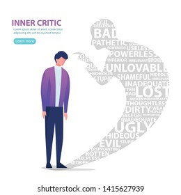 Internal critic. The man and his shadow. Flat vector concept illustration