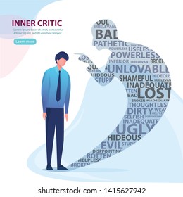 Internal critic. The man and his shadow. Flat vector concept illustration