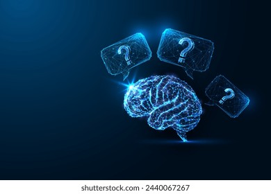 Internal dialogue, Cognitive Discourse, futuristic cognition concept in glowing low polygonal style on dark blue background. Modern abstract connection design vector illustration.