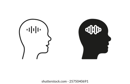 Internal Dialogue. Voice in Human Head Line and Silhouette Icon Set. Self Talk, Man Thinking Symbol. Editable Stroke. Isolated Vector Illustration.