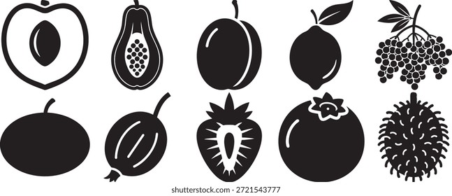 Internal and external fruit anatomy icons. Cross section organic food symbols. Healthy lifestyle graphics. Detailed botanical silhouettes for packaging. Fresh garden and orchard produce.