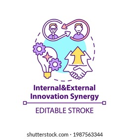 Internal and external innovation synergy concept icon. Open innovation benefits idea thin line illustration. Improvement to product, service. Vector isolated outline RGB color drawing. Editable stroke