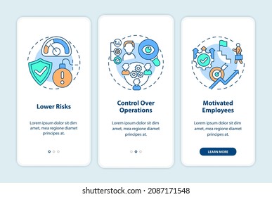 Internal growth advantages onboarding mobile app page screen. Business expansion walkthrough 3 steps graphic instructions with concepts. UI, UX, GUI vector template with linear color illustrations