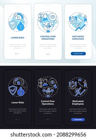 Internal growth perks dark, light onboarding mobile app page screen. Walkthrough 3 steps graphic instructions with concepts. UI, UX, GUI vector template with linear night and day mode illustrations