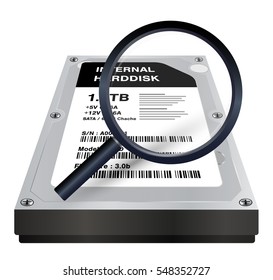 internal harddisk with a magnifying glass scanning