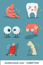 Internal human organs with cute cartoon expression faces set. Vector illustration different characters muscle, bone, tooth, brain,eye,stomach.Internal human organs feel sick.