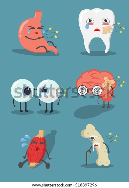 かわいいカートーンの表情をした人間の内臓 様々なキャラクターの筋肉 骨 歯 脳 目 胃 人間の内臓が具合が悪い のベクター画像素材 ロイヤリティフリー