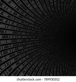 internal look of a bent cylinder shape with its surface covered by a Texture composed by a sequence of zero and one numbers on a dark background