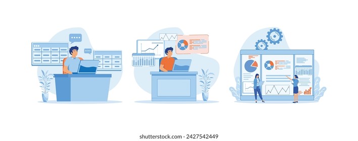 Marketing interno, promoción de objetivos de la empresa, el uso de computadoras portátiles y tablas de Excel, los trabajadores de Office están estudiando la infografía, el análisis de la escala evolutiva.