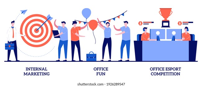 Internal Marketing, Office Fun And E-sport Competition Concept With Tiny People. Employee Engagement Abstract Vector Illustration Set. Stress Management, Team Building, Video Game Tournament Metaphor.