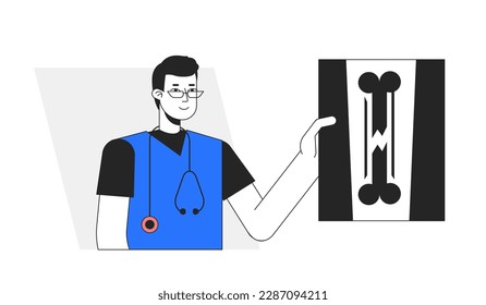 Internal medicine physician with broken bone x ray flat line concept vector spot illustration. 2D cartoon character on white for web UI design. Editable hero image for website landings, mobile headers