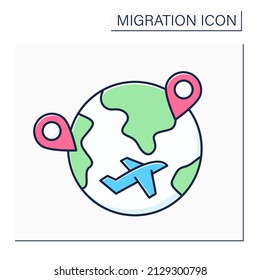 Internal migration color icon. Cross state boundaries and stay in non-native state during long time. Travel to different country. Migration concept. Isolated vector illustration