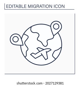 Internal migration line icon. Cross state boundaries and stay in non-native state during long time. Travel to different country. Migration concept. Isolated vector illustration. Editable stroke