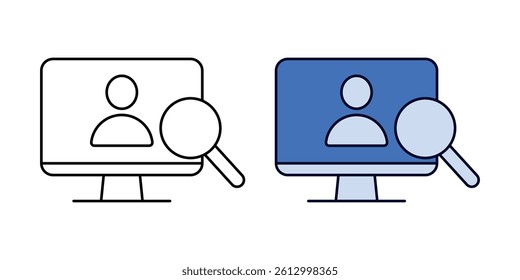 Internal monitoring icon showing a user on screen with magnifying glass, in color and outline style. Suitable for employee tracking, surveillance, or user activity monitoring.