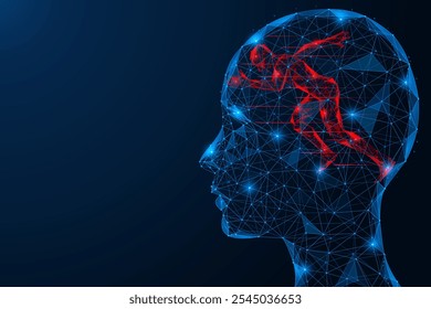 Internal motivation, a person running inside his head. Polygonal design of interconnected elements. Blue background.