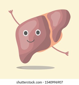 The internal organ liver of the human body, smolders, waves its hands. Vector illustration in eps10, graphic design. Colorful icon