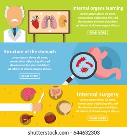 Internal organs banner horizontal concept set. Flat illustration of 3 internal organs vector banner horizontal concepts for web