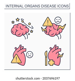 Internal organs disease color icons set. Diagnostic and special medical treatment for affected brain and heart. Healthcare concept. Isolated vector illustrations