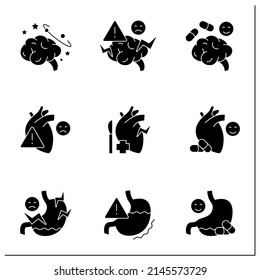 Internal organs disease glyph icons set. Diagnostic and special medical treatment for affected organs. Healthcare concept.Filled flat signs. Isolated silhouette vector illustrations
