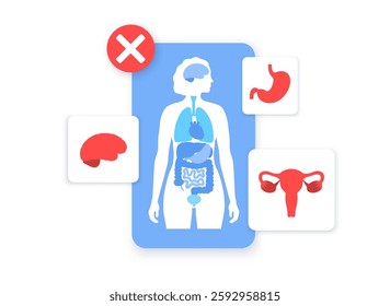 Internal organs diseases infographic. Pain, infection or inflammation in the human body. Anatomical diagram with uterus, brain and stomach problems in female silhouette medical vector illustration