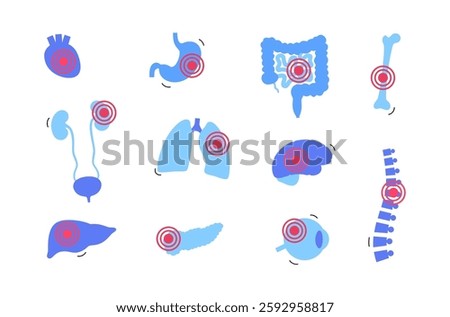 Internal organs diseases infographic poster. Pain, infection or inflammation in the human body. Anatomical diagram with digestive, respiratory and urinary systems problems, medical vector illustration